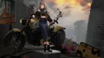  1girl absurdres ahoge ak11raa bangs black_footwear black_jacket black_shirt black_skirt boots bow_(weapon) breasts brown_hair closed_mouth clouds cloudy_sky crop_top drone eyebrows_behind_hair ground_vehicle highres holding holding_bow_(weapon) holding_weapon jacket long_hair long_sleeves motor_vehicle motorcycle open_clothes open_jacket original outdoors poster_(object) puffy_long_sleeves puffy_sleeves red_eyes shirt skirt sky small_breasts solo very_long_hair weapon 
