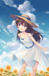  1girl :d bangs blue_eyes blue_sky brown_hair clouds cloudy_sky collarbone dress eyebrows_visible_through_hair field flower flower_field hat kawami_nami leaning_forward legs_apart long_hair looking_at_viewer open_mouth original outdoors see-through_silhouette sky smile solo standing strap_slip sun_hat sundress tareme white_dress 