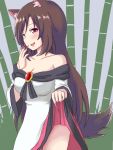  1girl animal_ears bamboo bare_shoulders blue_background breasts brooch brown_hair claws cleavage collarbone dadamori dress hand_on_own_face imaizumi_kagerou jewelry layered_dress lifted_by_self long_hair looking_at_viewer medium_breasts open_mouth outdoors red_eyes side_glance skirt skirt_lift solo strapless strapless_dress tail touhou very_long_hair wolf_ears wolf_tail 