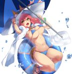  1girl :d absurdres animal_ears arm_up armpits bare_legs beach_umbrella bikini blue_bikini bracelet breasts brown_eyes enosan eyebrows_visible_through_hair fang fate/grand_order fate_(series) fox_ears fox_tail hair_between_eyes hand_on_headwear hat hat_ribbon highres innertube jewelry large_breasts long_hair looking_at_viewer navel open_mouth pink_hair ribbon sandals simple_background smile solo sparkle sun_hat swimsuit tail tamamo_(fate)_(all) tamamo_no_mae_(swimsuit_lancer)_(fate) umbrella unaligned_breasts water_drop white_background 
