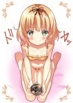  1girl bangs barefoot bed_sheet black_hairband blonde_hair blunt_bangs blush bow bow_panties bra breasts cleavage closed_mouth coffee coffee_cup collarbone commentary_request cup dated eyebrows_visible_through_hair frilled_bra frilled_panties frills from_above full_body gochuumon_wa_usagi_desu_ka? hairband happy_birthday highres holding holding_cup kirima_sharo looking_at_viewer nanakusa_amane navel orange_bra orange_panties panties short_hair sitting small_breasts smug soles solo sparkling_eyes underwear underwear_only wariza wavy_hair white_background 