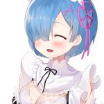  1girl ^_^ blue_hair blush breasts cleavage closed_eyes commentary_request dated hair_ornament hair_over_one_eye hair_ribbon harua_sorausagi maid maid_headdress open_mouth pink_ribbon re:zero_kara_hajimeru_isekai_seikatsu rem_(re:zero) ribbon short_hair simple_background smile solo upper_body white_background x_hair_ornament 