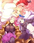  3girls animal_ears bare_shoulders blonde_hair blue_eyes blush breasts cis05 claws cleavage closed_eyes commentary_request fate/extra fate/extra_ccc fate/extra_ccc_fox_tail fate_(series) fox_ears hair_ribbon huge_breasts japanese_clothes long_hair looking_at_another looking_at_viewer lying meltlilith multiple_girls navel on_back on_stomach passion_lip ponytail purple_hair revealing_clothes ribbon saber_(fate/extra_ccc_fox_tail) very_long_hair yellow_eyes 