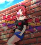  1girl aospanking blue_sky breasts brick_wall bubble_blowing chewing_gum choker cleavage clothes_writing clouds collarbone day graffiti hands_in_pockets heart hecatia_lapislazuli knee_up leaning_on_object looking_at_viewer medium_breasts navel outdoors polos_crown red_eyes redhead shirt short_hair short_shorts shorts sky solo strapless t-shirt touhou 