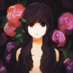  1girl black_eyes black_hair commentary_request flat_chest flower hair_over_breasts highres jun_(seojh1029) looking_at_viewer nude red_rose rose solo upper_body violet_eyes 