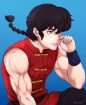  1boy artist_name black_eyes black_hair blue_background braid chinese_clothes looking_to_the_side male_focus muscle parted_lips ponytail ranma_1/2 salaiix saotome_ranma solo 