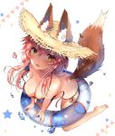  1boy 1girl animal_ears bangs bikini blue_bikini blush breasts cleavage collarbone commentary_request ears_through_headwear eyebrows_visible_through_hair fate/extra fate/grand_order fate_(series) fox_ears fox_girl fox_tail from_above full_body hair_between_eyes hat highres innertube kneeling large_breasts leaning_forward long_hair looking_at_viewer looking_up open_mouth pink_hair side-tie_bikini simple_background soles solo star straw_hat swimsuit tail tamamo_(fate)_(all) tamamo_no_mae_(swimsuit_lancer)_(fate) transparent untied untied_bikini usagihime water_drop yellow_eyes 