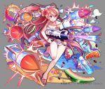  1girl bangs bikini bikini_skirt blush bow breasts character_request cleavage clouds collarbone copyright_request firing flower food fruit hair_between_eyes hair_bow hair_flower hair_ornament halter_top halterneck hibiscus highres holding holding_weapon long_hair looking_at_viewer medium_breasts missile nou official_art pink_eyes pink_hair purple_bow ramune rocket_launcher sand sandals sidelocks solo standing standing_on_one_leg swimsuit teeth very_long_hair water watermelon weapon white_bikini 