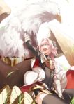  1boy black_bow bow braid cape fang fate/apocrypha fate/grand_order fate_(series) fur_trim garter_straps grass hair_ribbon male_focus panda_(pandadesu) pink_hair ribbon rider_of_black single_braid sitting thigh-highs violet_eyes 