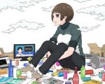  1girl book boombox bottle box brown_eyes brown_hair can clouds commentary_request computer english jacket laptop newspaper original shoes short_hair sitting sneakers solo tagme television track_jacket translation_request yajirushi_(chanoma) 