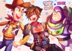  3boys blue_eyes buzz_lightyear highres kingdom_hearts locked_arms male_focus multiple_boys one_eye_closed sheriff_woody smile sora_(kingdom_hearts) spacesuit spiky_hair toy toy_story 