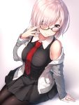  1girl adjusting_glasses black-framed_eyewear black_dress blush breasts closed_mouth dress eyebrows_visible_through_hair eyes_visible_through_hair fate/grand_order fate_(series) glasses hair_over_one_eye hand_up hood hoodie large_breasts legs_together looking_at_viewer necktie open_clothes open_hoodie pantyhose pink_hair red_necktie shielder_(fate/grand_order) short_dress short_hair silver_hair sitting sleeveless sleeveless_dress smile solo violet_eyes yomono 