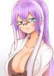  1girl absurdres blue_eyes blush breasts cleavage coat collarbone glasses hair_between_eyes highres isabelle_(shadowverse) labcoat large_breasts long_hair looking_at_viewer multicolored_hair open_clothes open_coat parted_lips purple_hair red-framed_eyewear semi-rimless_glasses shadowverse shibakame simple_background smile two-tone_hair upper_body white_background white_hair 