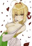  1girl ahoge arched_back ass bare_shoulders blush breasts fate/extra fate_(series) flower hair_intakes hair_ribbon heart highres large_breasts lein lips o-ring_top petals raised_eyebrows ribbon saber_extra simple_background solo white_background yellow_eyes 