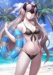  &gt;:o 1girl :o bangs beach bikini black_bikini blue_sky blurry blush breasts clouds cloudy_sky cowboy_shot depth_of_field eyebrows_visible_through_hair fate/grand_order fate_(series) front-tie_bikini front-tie_top grey_hair hand_up headpiece highres innertube jeanne_alter light_rays long_hair looking_at_viewer medium_breasts navel omoti_(1201208) outdoors parted_lips ruler_(fate/apocrypha) side-tie_bikini sky solo starfish sunbeam sunlight swimsuit thighs very_long_hair yellow_eyes 