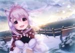  1girl animal_ears black_gloves blush cat_ears eyebrows_visible_through_hair fringe gloves hair_between_eyes kokkeina_budou long_hair long_sleeves looking_at_viewer ocean open_mouth original outdoors perspective pink_eyes pink_hair snow tears 