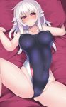  1girl altair_floone bed black_swimsuit blush borrowed_character commentary_request competition_swimsuit erect_nipples highleg highleg_swimsuit highres kutan long_hair looking_at_viewer lying one-piece_swimsuit original pillow red_eyes silver_hair solo spread_legs swimsuit 