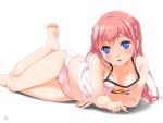  1girl barefoot blue_eyes blush breasts camisole cleavage erect_nipples hair_ornament hairclip leg_up legs long_hair lying midriff navel no_pants on_side open_mouth original panties pink_camisole pink_hair pink_panties small_breasts smile solo toes underwear 