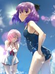  2girls adjusting_clothes adjusting_swimsuit bare_shoulders blush breasts cleavage closed_eyes fate/grand_order fate_(series) glasses hair_over_one_eye helena_blavatsky_(fate/grand_order) lens_flare looking_at_viewer multiple_girls purple_hair school_swimsuit shielder_(fate/grand_order) short_hair small_breasts smile somechime_(sometime1209) sun swimsuit violet_eyes wet wet_clothes 