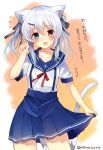  1girl animal_ears blue_eyes blush brown_eyes cat_ears cat_tail ciel_sacred heterochromia long_hair mishima_kurone open_mouth original red_eyes school_uniform serafuku smile solo tail translated twintails white_hair 