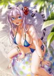  :d absurdres animal_ears ball bare_legs barefoot beach beachball bikini blue_bikini blue_eyes blurry bracelet breasts cleavage collarbone depth_of_field eyebrows_visible_through_hair flower hair_between_eyes hair_flower hair_ornament highres jewelry kannatsuki_noboru large_breasts lavender_hair leaning_forward long_hair looking_at_viewer looking_up navel o-ring_bikini open_mouth outdoors scan side-tie_bikini smile swimsuit tail thighlet tiger_ears tiger_tail toranoana 