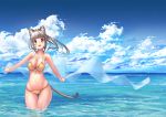  1girl :d animal_ears arukiru bangs bikini blue_sky breasts cat_ears cat_tail cleavage clouds cloudy_sky day eyebrows_visible_through_hair front-tie_bikini front-tie_top gluteal_fold highres horizon large_breasts long_hair looking_at_viewer navel open_mouth orange_bikini original outdoors outstretched_arms ponytail side-tie_bikini silver_hair sky smile solo swimsuit tail wading wet yellow_eyes 
