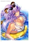  1girl absurdres animal_ears artist_name bikini blue_eyes blush breasts cat cleavage collarbone fang glasses_on_head gloves highres innertube large_breasts long_hair looking_at_viewer min-naraken one_eye_closed partially_submerged purple_hair scan solo sunglasses swimsuit toranoana water 