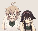  2girls :3 :d adjusting_glasses ahoge bangs beige_background bespectacled blouse brown-framed_eyewear brown_hair closed_mouth commentary_request eyebrows_visible_through_hair fang glasses green_eyes grey_background hair_between_eyes hair_flaps hair_ornament hairband looking_at_viewer multiple_girls natsuki_teru nekomiya_ryuu open_mouth original school_uniform shikibe_ayaka short_hair short_hair_with_long_locks short_sleeves sidelocks simple_background smile sweater_vest upper_body white_blouse x_hair_ornament 