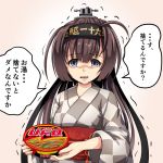  10s 1girl ahoge akizuki_(kantai_collection) brown_hair commentary_request drooling grey_eyes hachimaki headband holding japanese_clothes kantai_collection kimono long_hair looking_at_viewer ponytail ramen simple_background solo tk8d32 translation_request trembling yukata 