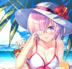  3girls :d artist_signature bikini breasts cleavage drink fate/grand_order fate_(series) finger_on_glasses fujimaru_ritsuka_(female) glasses hair_over_one_eye hat holding_bikini_top large_breasts multiple_girls olga_marie_animusphere open_mouth purple_hair redhead rei_(rei&#039;s_room) riyo_(lyomsnpmp)_(style) shielder_(fate/grand_order) short_hair silver_hair smile swimsuit violet_eyes 