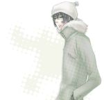  1boy black_hair blue_eyes coat facial_mark fur_trim glasses gloves kakimoto_chikusa katekyo_hitman_reborn kitsuno male_focus solo upper_body white_background 