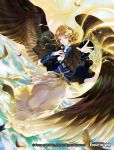  1girl blonde_hair capelet circlet clouds copyright_name curly_hair day dress earrings feathered_wings feathers flower force_of_will green_eyes hair_bun hair_flower hair_ornament jewelry necklace official_art sky solo wings 