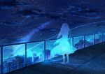  1girl barefoot from_behind long_hair night night_sky original outdoors railing sky solo star_(sky) starry_sky yue_yue 
