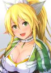  1girl :d absurdres blonde_hair blush braid breasts choker cleavage collarbone green_eyes hair_ornament highres kanzaki_kureha large_breasts leafa long_hair looking_at_viewer open_mouth pointy_ears ponytail smile solo sword_art_online twin_braids upper_body 