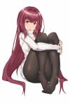  1girl :&lt; aori_sora eyebrows_visible_through_hair fate/grand_order fate_(series) feet head_tilt highres leg_hug legs_together long_hair looking_at_viewer no_shoes open_mouth pantyhose purple_hair scathach_(fate/grand_order) simple_background sitting solo sweater toes turtleneck turtleneck_sweater very_long_hair violet_eyes white_background 