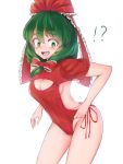  !? 1girl absurdres adapted_costume arm_at_side bangs bare_shoulders bow cleavage_cutout commentary_request embarrassed eyebrows_visible_through_hair frilled_bow frilled_ribbon frills front_ponytail green_eyes green_hair hair_between_eyes hair_bow hair_ribbon highres kagiyama_hina kushidama_minaka legs_apart long_hair looking_down meme_attire open-chest_sweater open_mouth red_ribbon red_sweater ribbed_sweater ribbon short_sleeves simple_background solo standing surprised sweatdrop sweater swimsuit swimsuit_pull tearing_up tears teeth touhou white_background 