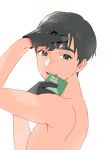  1boy black_hair cellphone dark_skin dark_skinned_male gloves grey_eyes looking_at_viewer male_focus nipples open_mouth phichit_chulanont phone shirtless simple_background smartphone smile solo thick_eyebrows tmku white_background yuri!!!_on_ice 