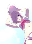  1girl ball bikini cis05 clouds commentary_request fate/grand_order fate_(series) hair_over_one_eye holding holding_ball lavender_hair looking_at_viewer looking_down navel open_mouth shielder_(fate/grand_order) short_hair sky solo swimsuit violet_eyes white_bikini 