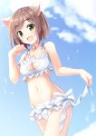  10s 1girl animal_ears bell bell_choker bikini brown_hair cat_cutout cat_ear_bikini cat_ears choker cleavage_cutout fang frilled_bikini frills green_eyes idolmaster idolmaster_cinderella_girls looking_at_viewer maekawa_miku open_mouth paw_pose short_hair skywaker standing swimsuit 