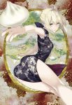  1girl ahoge baozi bare_arms blonde_hair braid breasts china_dress chinese_clothes dress dutch_angle fate/grand_order fate_(series) food french_braid heroine_x heroine_x_(alter) lip-mil medium_breasts saber saber_alter short_hair solo thighs yellow_eyes 