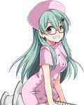  10s 1girl aqua_hair bespectacled blue_eyes breasts buttons dress glasses grin hair_between_eyes hair_ornament hairclip hat highres hinase_(jet_hearts) kantai_collection long_hair looking_at_viewer medium_breasts nurse nurse_cap oversized_object pink_dress pink_hat simple_background smile solo suzuya_(kantai_collection) syringe white_background 