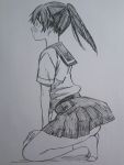 1girl ass blush highres kneeling kojima_takeshi monochrome original pleated_skirt ponytail school_uniform serafuku skirt socks solo 
