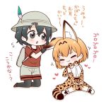  2girls :3 animal_ears backpack bag black_eyes black_gloves black_hair black_legwear blush bow bowtie bucket_hat chibi closed_eyes commentary_request elbow_gloves gloves hat hat_feather heart high-waist_skirt kaban_(kemono_friends) kemono_friends kneeling migu_(migmig) multiple_girls open_mouth orange_hair pantyhose petting red_shirt serval_(kemono_friends) serval_ears serval_print serval_tail shirt short_hair short_sleeves shorts simple_background sitting skirt sleeveless sleeveless_shirt striped_tail tail translation_request white_background 