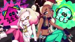  +_+ 2girls bare_shoulders black_hair boots breasts cleavage crop_top crown dark_skin domino_mask fingerless_gloves gloves green_eyes highres hime_(splatoon) iida_(splatoon) looking_at_viewer mame_jirushi mask midriff mole mole_under_mouth multiple_girls navel navel_piercing octarian orange_eyes pantyhose piercing pink_pupils purple_hair sitting sleeveless smile splatoon splatoon_2 symbol-shaped_pupils teeth tentacle_hair white_hair yellow_pupils zipper 