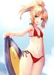  1girl arm_at_side bangs beach bikini blonde_hair cowboy_shot day eyebrows_visible_through_hair fate/grand_order fate_(series) flat_chest front-tie_bikini front-tie_top green_eyes highres lens_flare long_hair looking_at_viewer mordred_(swimsuit_rider)_(fate) navel open_mouth outdoors parted_bangs ponytail red_bikini saber_of_red side-tie_bikini sidelocks smile solo sukemyon surfboard swimsuit thighs 