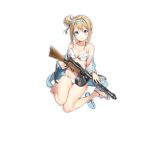  1girl anmi bare_legs barefoot bikini blue_eyes breasts cleavage frilled_bikini frills full_body girls_frontline gun hairband jacket light_brown_hair looking_at_viewer medium_breasts off_shoulder official_art one_side_up open_clothes open_jacket open_mouth sandals short_hair side_bun single_sandal sitting solo submachine_gun suomi_kp/-31 suomi_kp31_(girls_frontline) swimsuit transparent_background wariza weapon white_bikini 