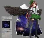  3d arm_cannon armor artist_request black_legwear black_wings boots bow brown_hair cape feathered_wings fushigi_no_gensokyo green_skirt high_heels reiuji_utsuho simple_background skirt thigh-highs thigh_boots touhou weapon white_cape wings zettai_ryouiki 