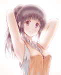  1girl apron arms_behind_head arms_up bangs black_hair bluez blunt_bangs casual chitanda_eru eyebrows_visible_through_hair hyouka long_hair looking_at_viewer ponytail simple_background sleeveless smile solo upper_body violet_eyes white_background 