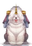  animal_ears animalization berserker_of_black bow_(bhp) covered_eyes dog dog_ears facing_viewer fate/grand_order fate_(series) hair_over_eyes horn simple_background sitting solo tongue tongue_out veil white_background white_fur 