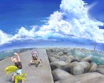  2girls absurdres animal_ears black_pants blonde_hair blue_shirt camera cat child clouds cloudy_sky condensation_trail doitsuken fox_ears fox_tail handstand highres landscape lighthouse looking_at_another multiple_girls multiple_tails ocean one_knee original panorama pants purple_hair red_eyes scenery shirt shore sky slit_pupils tail taking_picture yellow_fur 